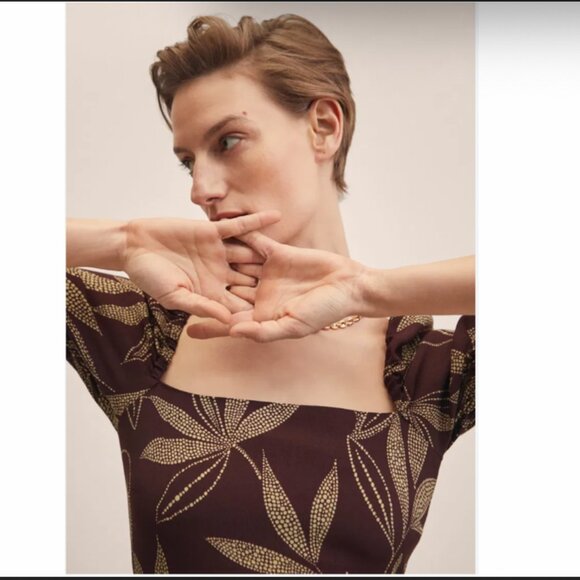 Mango Brown Puff Sleeve Midi Dress with Gold Leaf Print – Size XXL - Picture 10 of 11